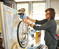 Industrial design major Cy Bennett works on his senior thesis in the new West Lake Hall