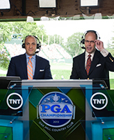 Peter Bevacqua ’93, CEO of the PGA of America, in the TNT broadcasting booth (left)