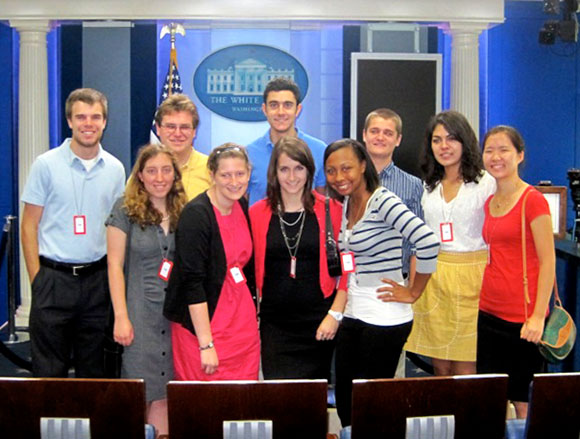 A group of Notre Dame students stand in the White House briefing room