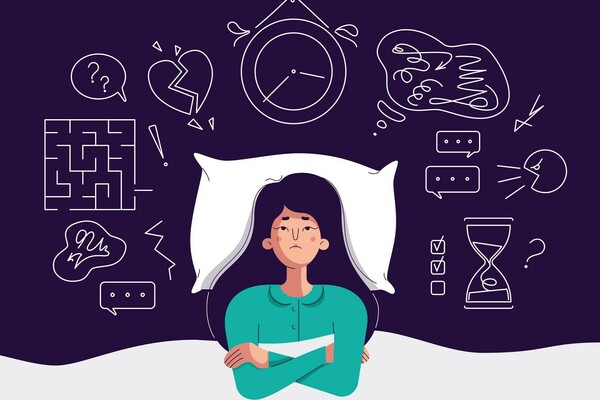Purple Woman Stress Sleep Graphic