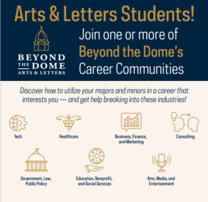 A grapic with icons for each of the Beyond the Dome's Career Communities: Teach, Healthcare, Business and Consulting, Government, Law, Public Policy, Educaton, non-profit, social science, communication, arts and media.