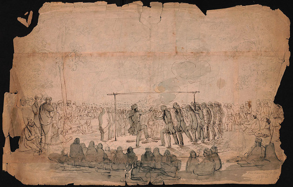 An aged and ripped live sketch is of Potawatomi people in traditional regalia dancing, standing, and sitting on a log in 1837.