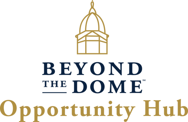 Graphic mark for Beyond the Dome Opportunity Hub. A golden line drawing of the dome sites above blue and gold text.