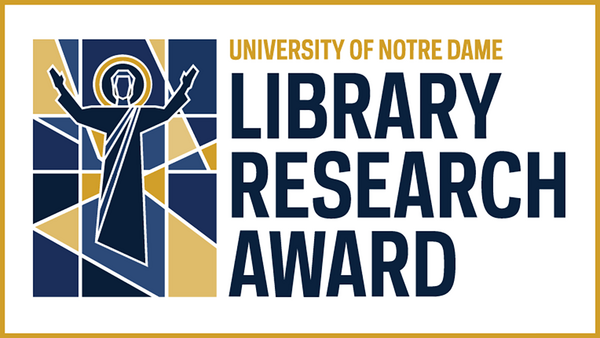 University of Notre Dame Library Research Award written in navy blue and gold with a navy and gold mosaic outline of the Word of Life mural