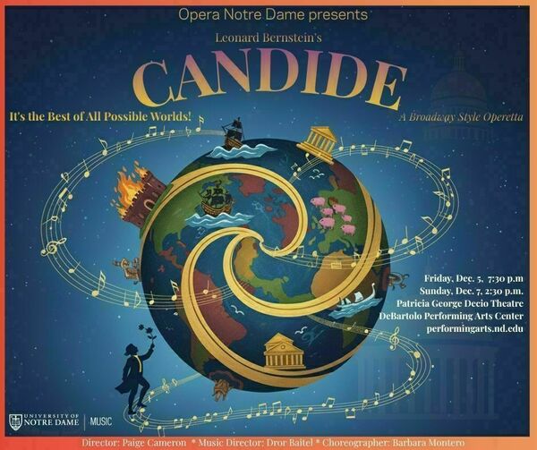 Poster for Leonard Bernstein's Candide operetta. A large stylized globe with a musical staff depicts scenes: burning castle, ships, pigs, temples. A silhouette of a person holds a flower. The Notre Dame Golden Dome is faintly visible. Includes dates/times for Decio Theatre, DeBartolo Performing Arts Center.
