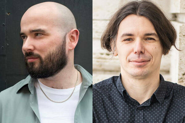 Two men in adjacent portraits. The man on the left has a bald head, dark beard, and wears a sage shirt over a white tee with a silver chain. The man on the right has dark, medium-length hair and a patterned dark shirt, looking at the viewer with a slight smile.