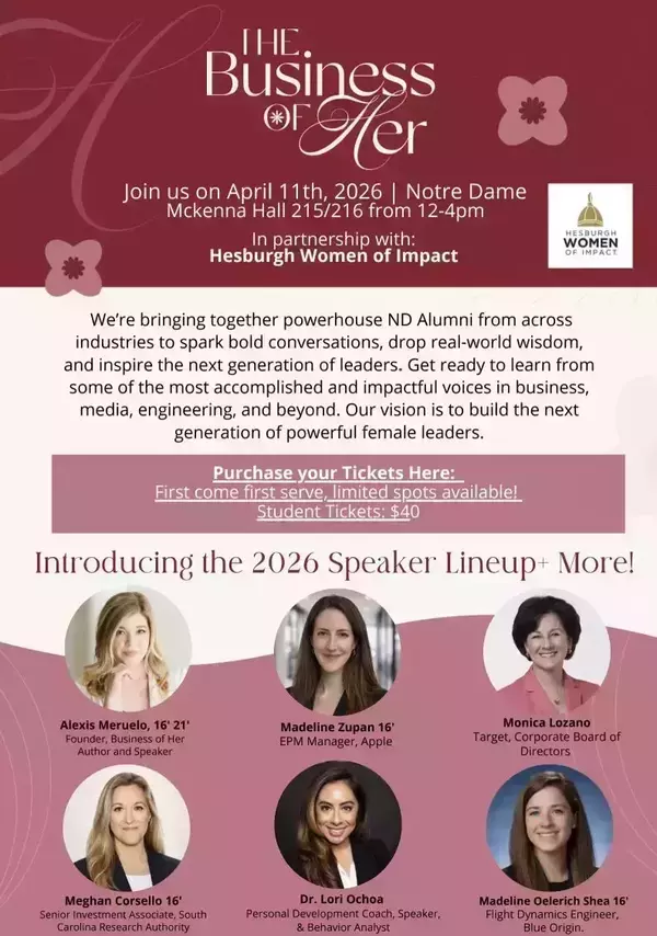The Business of Her event flyer: April 11, 2026, Notre Dame McKenna Hall, featuring six female alumni speakers.