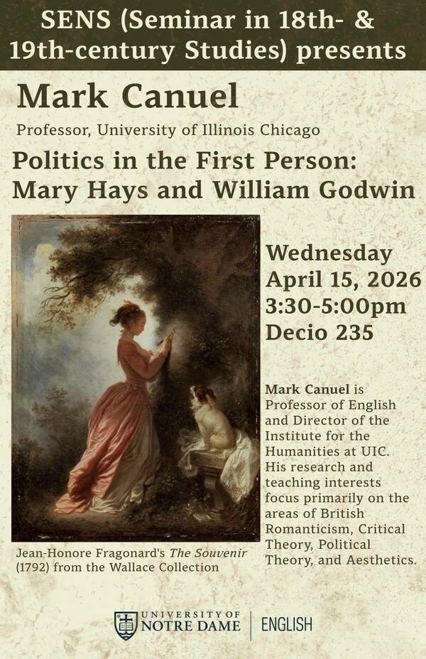 Flyer advertising a seminar, featuring speaker Mark Canuel. Shown is a painting of a girl in a long pink dress carving an initial into a tree. A dog sits nearby and watches her.