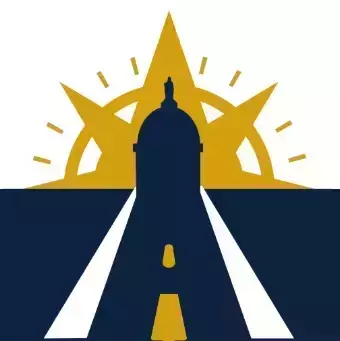 This is a logo for AI@ND. A stylized logo with a dark blue silhouette of the Notre Dame Main Building Golden Dome. Behind it is a gold compass rose. A dark blue road with a gold dashed line extends towards the dome from below. The upper half is gold, lower is dark blue.