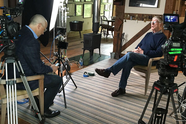 Director Patrick Creadon preparing to interview longtime broadcast journalist
Ted Koppel for Hesburgh.