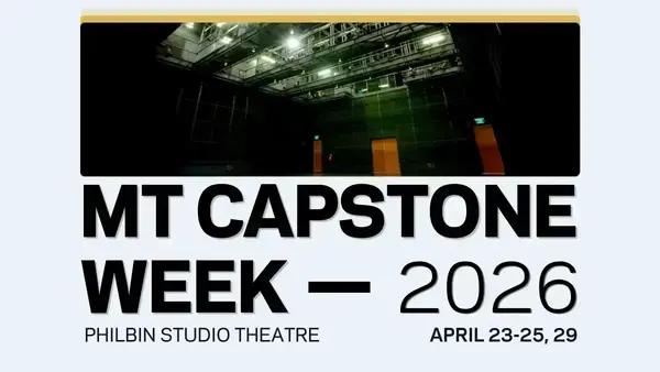 Empty Philbin Studio Theatre with a high ceiling, overhead lighting rigs, dark walls, and two light brown doors.