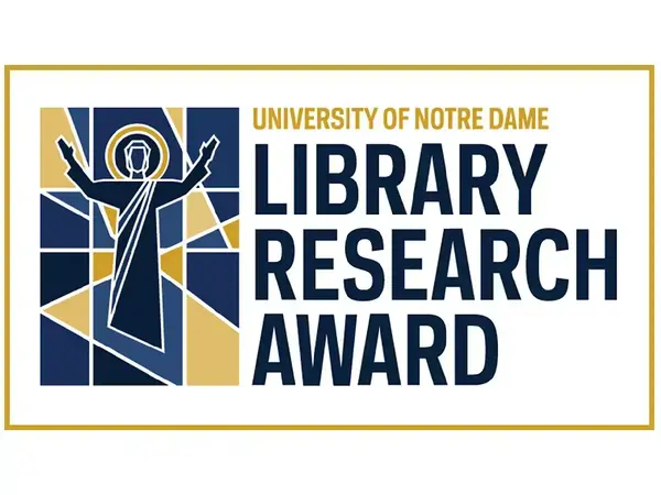 University of Notre Dame Library Research Award logo featuring a blue and gold stained-glass Christ figure with arms outstretched.