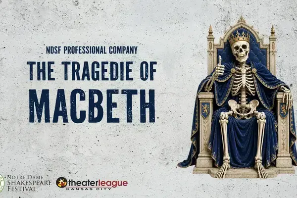 A skeleton king wearing a gold crown and blue robe sits on an ornate throne, giving a thumbs up. Text: The Tragedie of Macbeth.