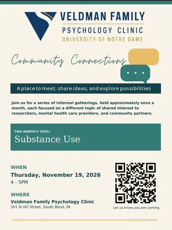 Community Connections event at Veldman Family Psychology Clinic on Nov 19, 2026, topic Substance Use.