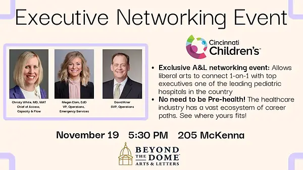 Executive Networking Event with speakers Christy White, Megan Elam, and David Krier.